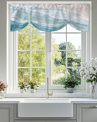 Miniatura 2 de Cenefa de verano con amarre para ventanas de cocina, cenefas de cortina con lazo de acuarela azul océano playa 42 x 18 pulgadas, bolsillo para