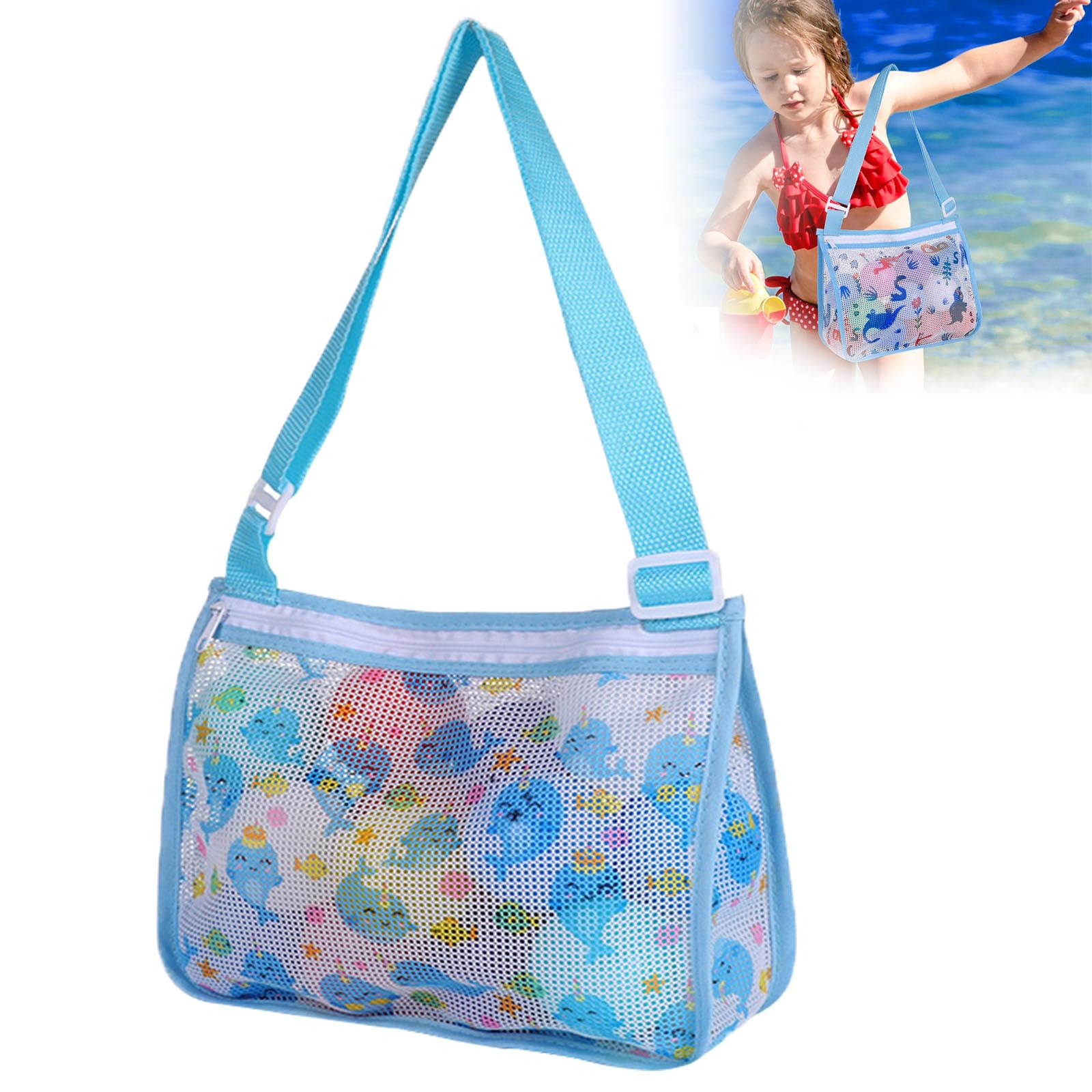 TMRBBesty Bolsa de playa de malla para niños,Bolsa de Juguetes Playa Niños,Bolsa de Red para Conchas,Correas ajustables para el hombro al aire libre,Natación y viajes,Niños y niñas,Estampado ballena azul claro