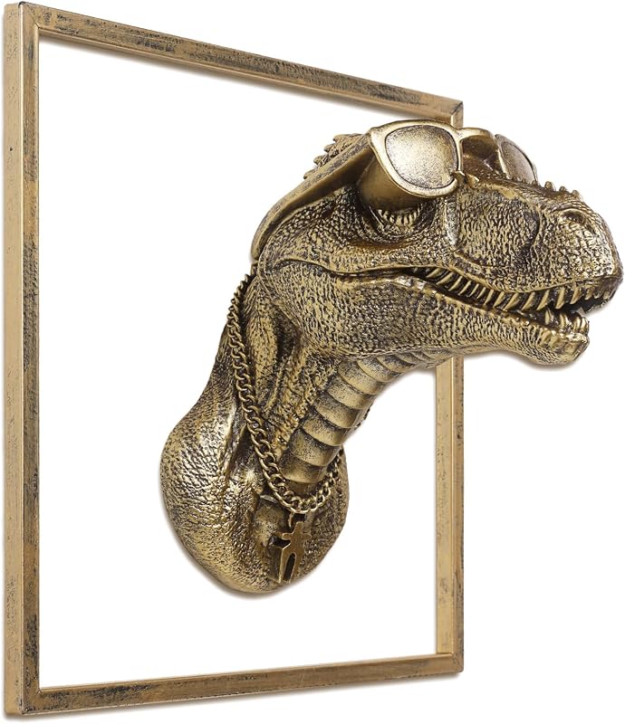 JJALIGHTS Exquisita Escultura de Dragón de Pared con Cabeza de Animal de Resina (Marco de Metal de Regalo) - Decoración Vintage de Cobre de imitación para Sala de Estar, Dormitorio y Oficina | Arte decorativo para colgar en la pared (dinosaurio)