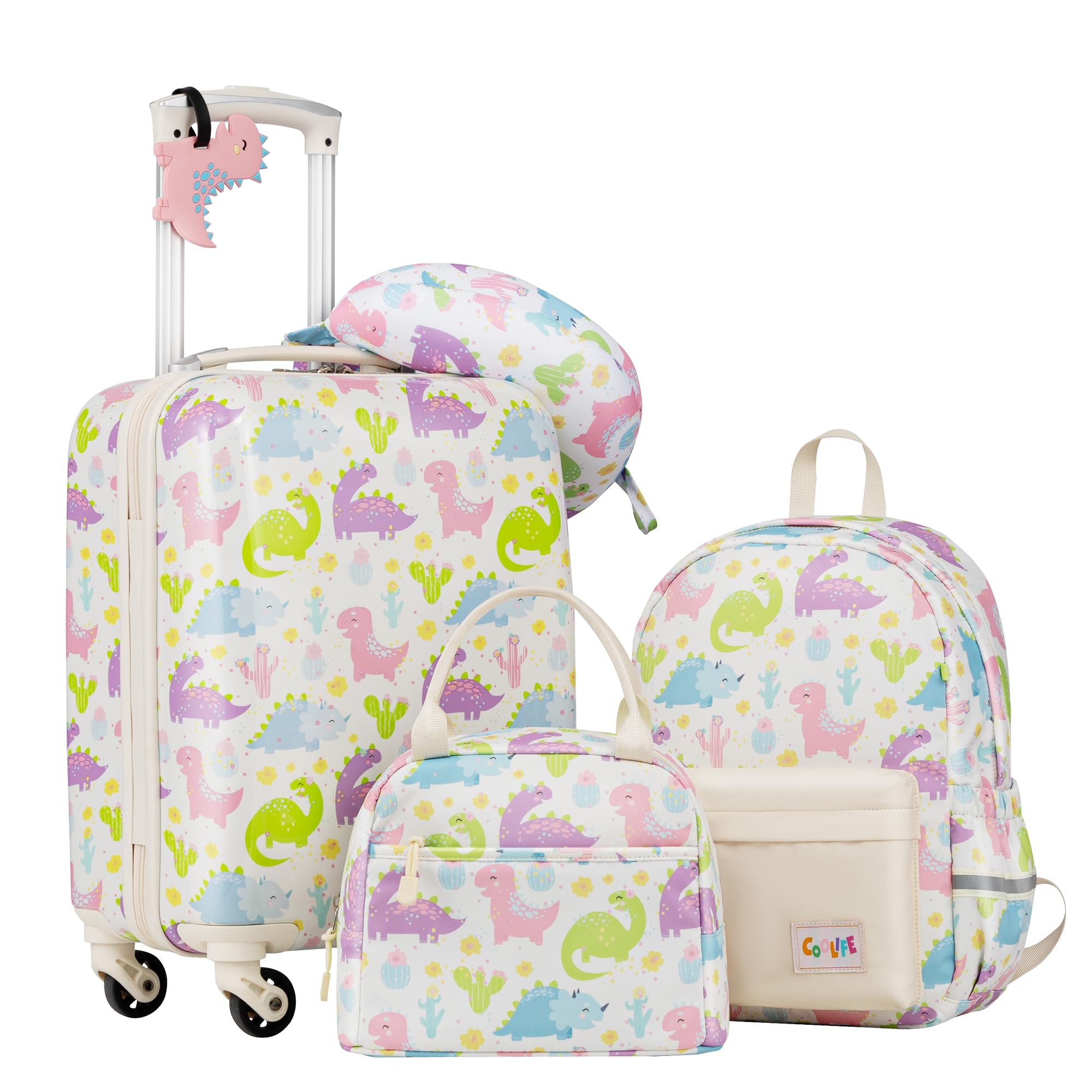 COOLIFE 5tlg Kinderkoffer mit Rucksack, Kindertrolley aus Kunststoff, Kindergepäck, Kinder Kofferset Handgepäck Reisegepäck Hartschalenkoffer für Jungen und Mädchen(Dinosaurier, Koffer-Set 5-TLG)