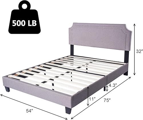 Miniatura 2 de LUCKYERMORE Marco de cama tapizado de tamaño matrimonial con soporte de listones de madera, marco de metal, plataforma resistente, marco de cama