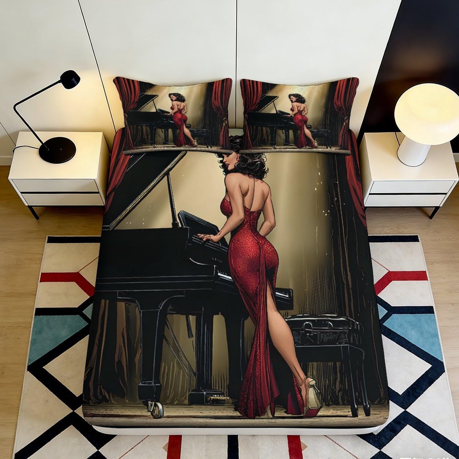 3D Printed Elegant Lady Piano Fitted Sheet Microfiber Soft Bedroom Decor, Artistic Mattress Cover for Home Dorm 90x200x25cm