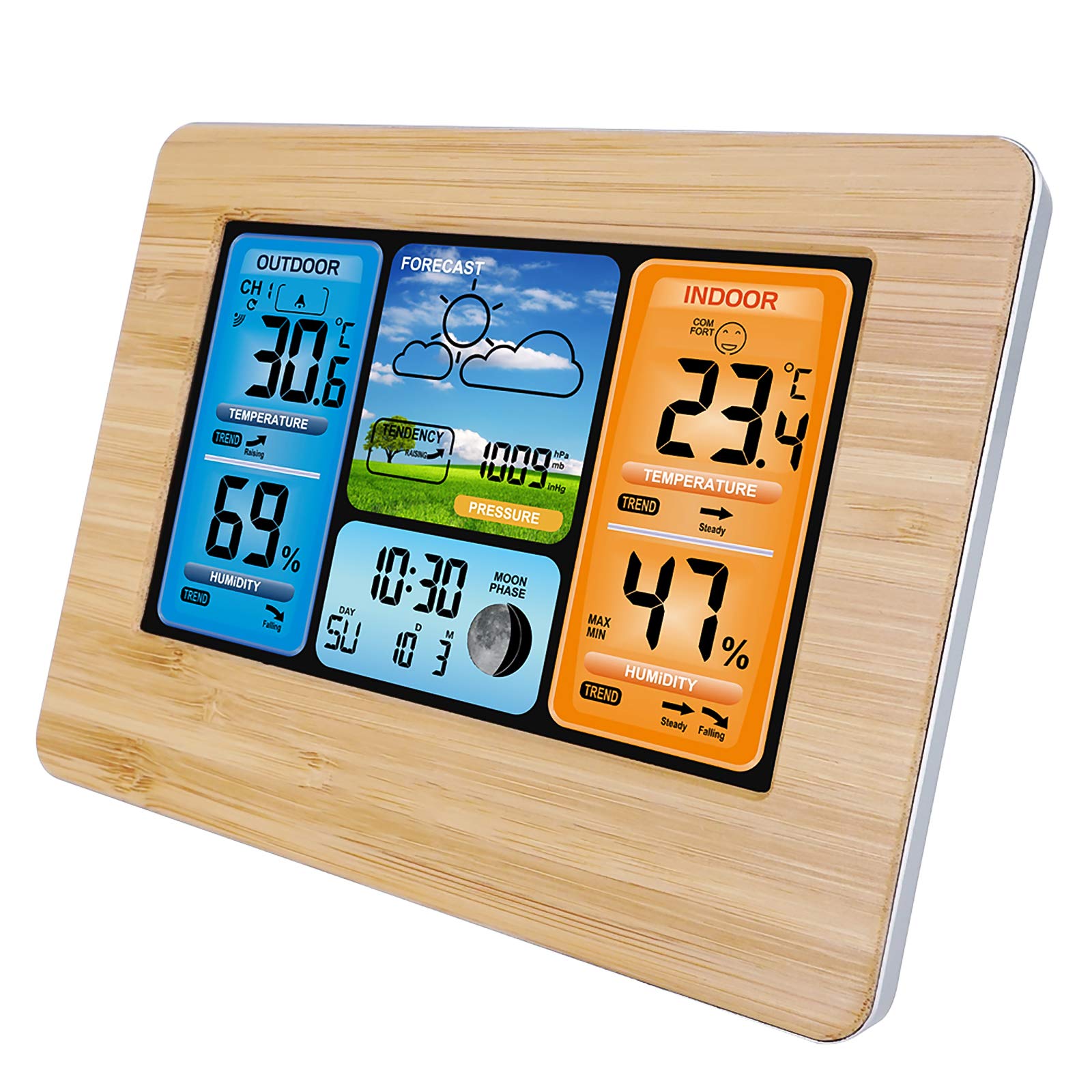 ALLOMN Stazioni Meteo Wireless con Sensore Interno Esterno, Stazione Meteo Digitale LCD con Avviso/Temperatura/Umidità/Barometrico/Previsioni/Fasi Lunari/Sveglia per Casa Ufficio Giardino (RF Giallo)