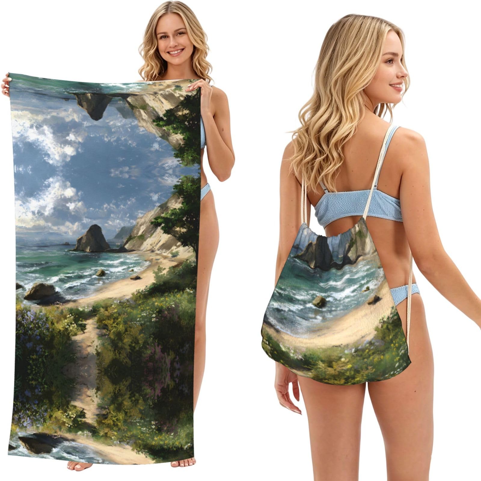 ESNAIUVCD Seaside Scenery Print Beach Towel For Adults,Towel With Drawstring Bag, Travel Pool Swimming Sports Shower Sand Free Quick Dry Bath Towel For Pool, Beach, Yoga- 180x60cm