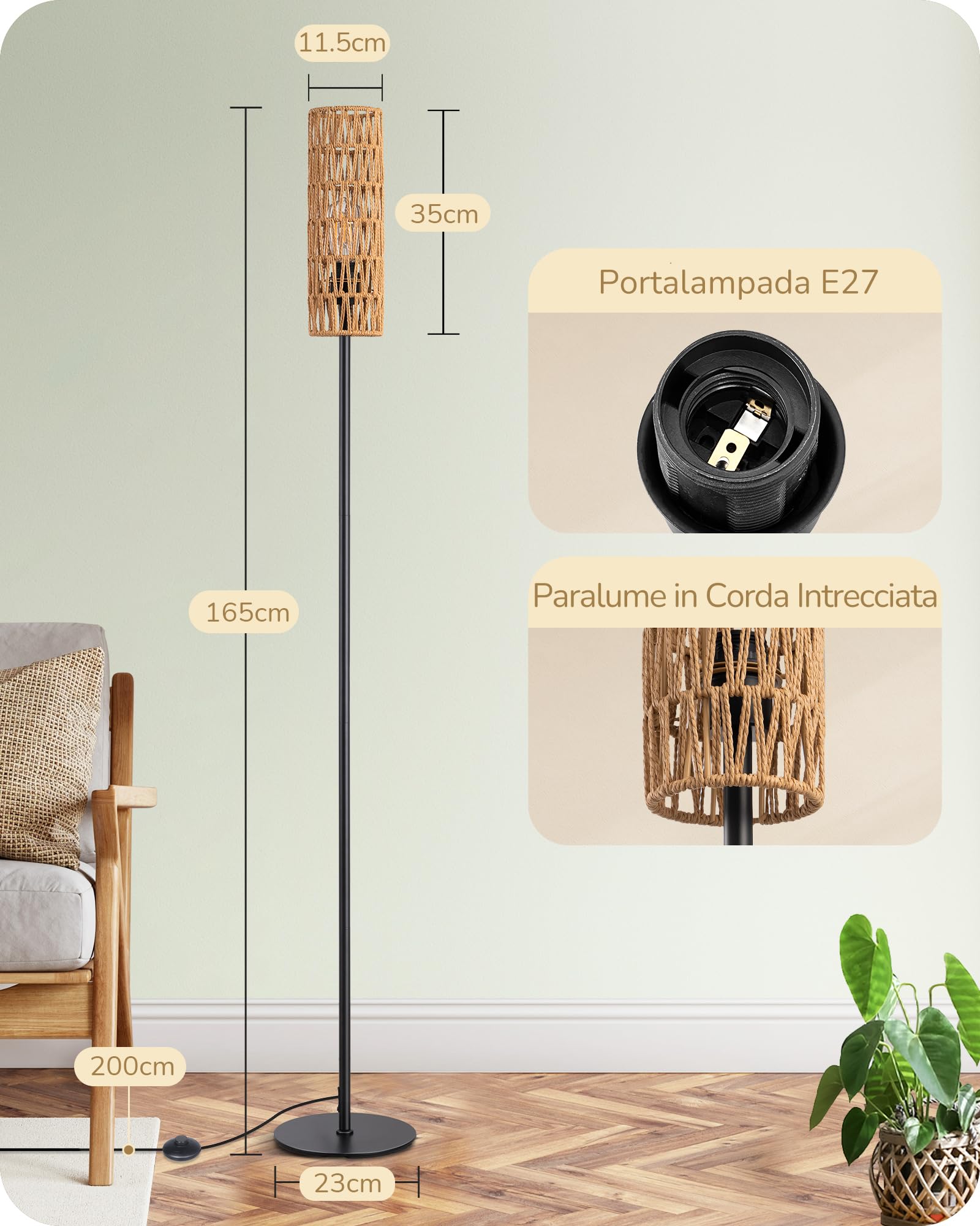EDISHINE Lampada da Terra con Paralume in Corda Intrecciata, E27 Lampadina LED 2700K Luce Calda Inclusa, Interruttore a Pedale, Lampada da Terra Moderna per Soggiorno, Camera, Ufficio, 165 cm…