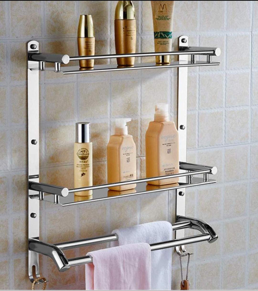 Kitch-Max® Stainless Steel Double Layer Shelf with Towel Road,Multipurpose Wall Mount Bath Shelf Organizer,Kitchen Shelf/Bathroom Shelf and Rack/Bathroom Accessories