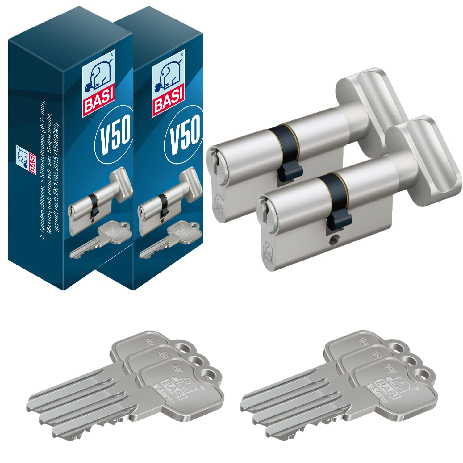 BASI | 2er SET V50 Profil-Knaufkurzzylinder K35/27 mm | Gleichschließend | Profilzylinder | Türzylinder Schließzylinder für Hauseingangstüren Wohneingangstüren | Zylinderschloss mit 3 Schlüsseln