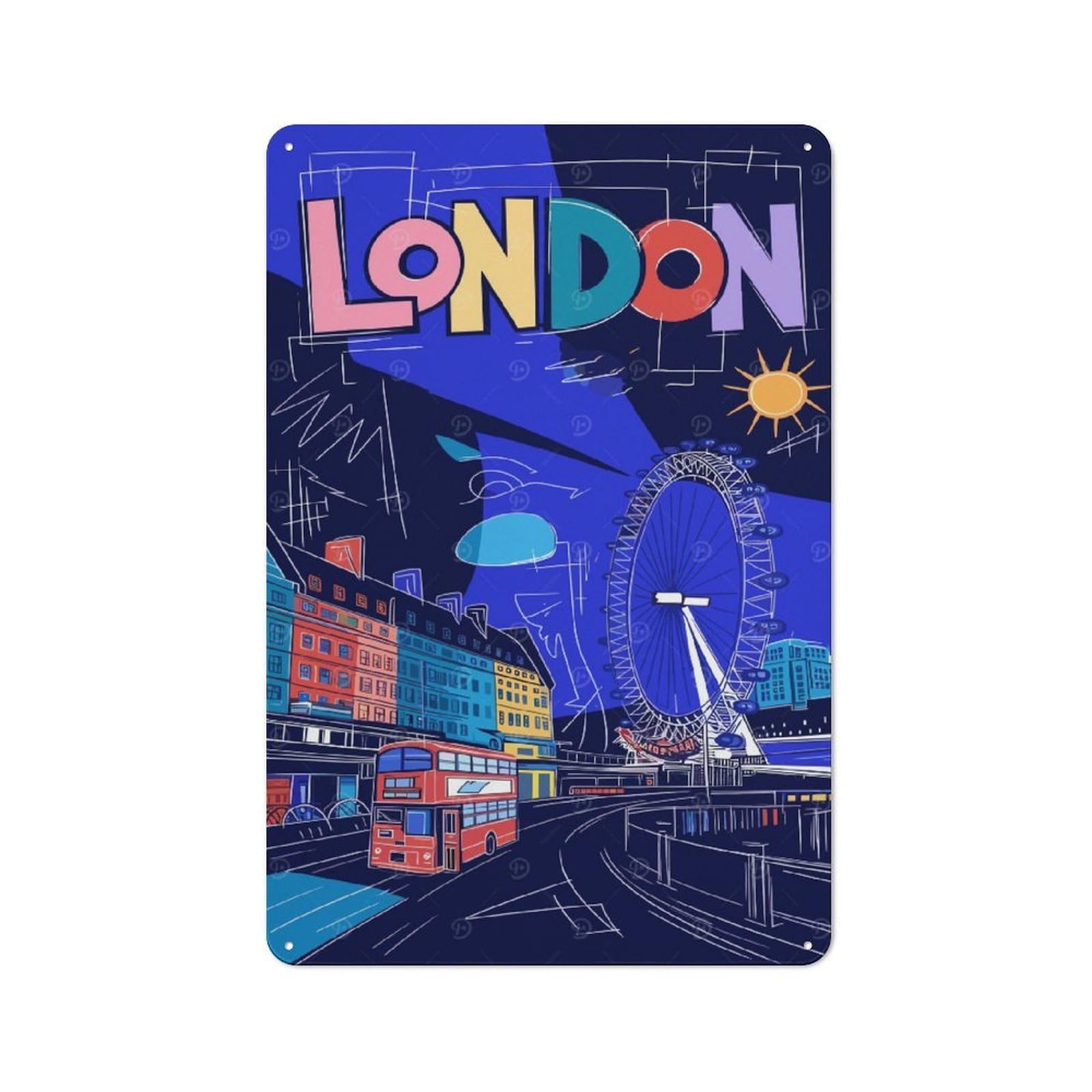 Junmoney Colorful London Cityscape Illustration Retro Metal Sign 30X20cm For Living Room Or Hallway, For Updating Living Room And Hallway After Moving