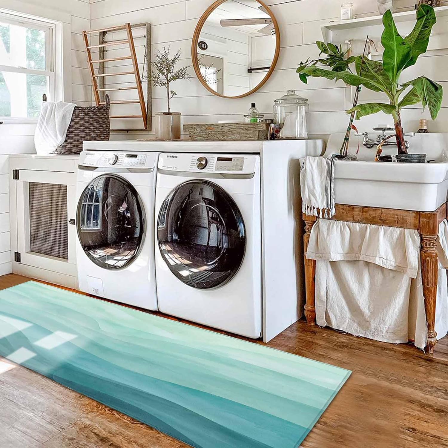 Kitchen Mats for Floor Abstract Teal Ombre Beach Texture Washable Non Slip Kitchen Rugs 2PCS, Ocean Wave Water Ripple Absorbent Standing Mats for Sink Office Living Room 15.7x23.6in+15.7x47.2in