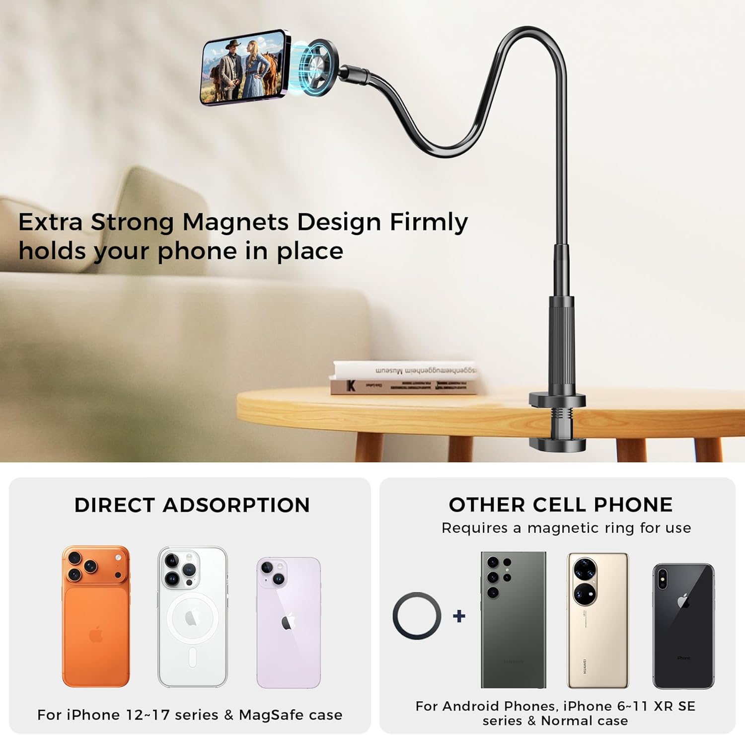 Gooseneck Phone Holder for Bed Laying Dowm, Magnetic Cell Phone Stand for Desk Headboard Bedside, Flexible Long Arm Mount Bracket Compatible with iPhone 17 16 15 14 13 12.
