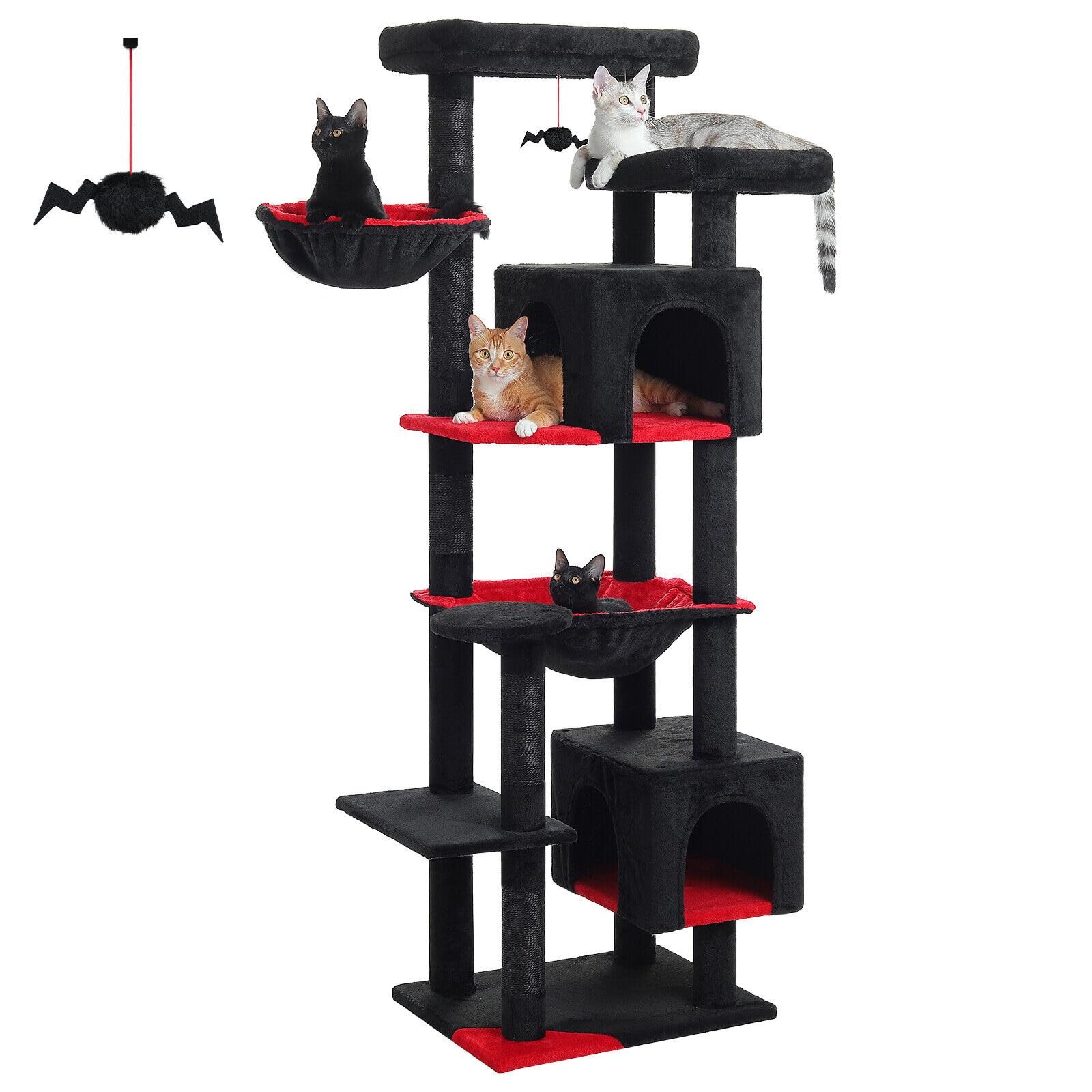 PAWZ Road 175cm Gothic Cat Tree for Large Cats, Multi-Level Tower With Sisal Scratching Post, 2 Spacious Cozy Condos, 2 Hammocks and Top Perch for Indoor Cats, Black - Black