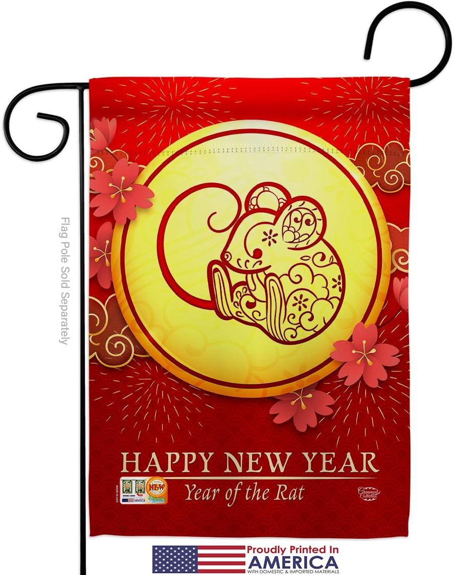 Rat of Year Garden Flag Set Wall Holder New Lunar Good Luck Prosperous Seasonal Arrival Blessing Small Decorative Gift Yard House Banner Made In USA 13 X 18.5