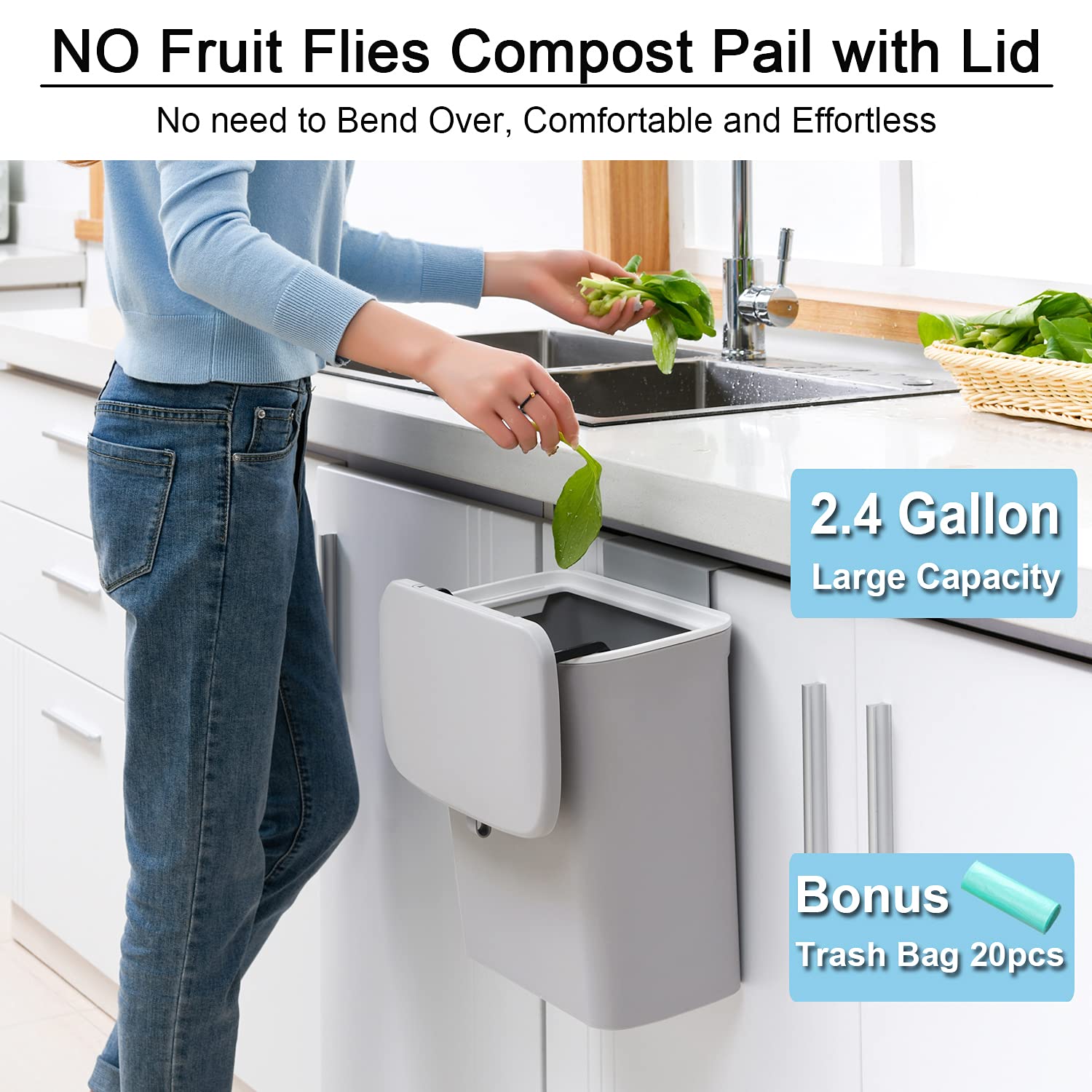 Tiyafuro 2.4 Gallon Kitchen Compost Bin for Counter Top or Under Sink