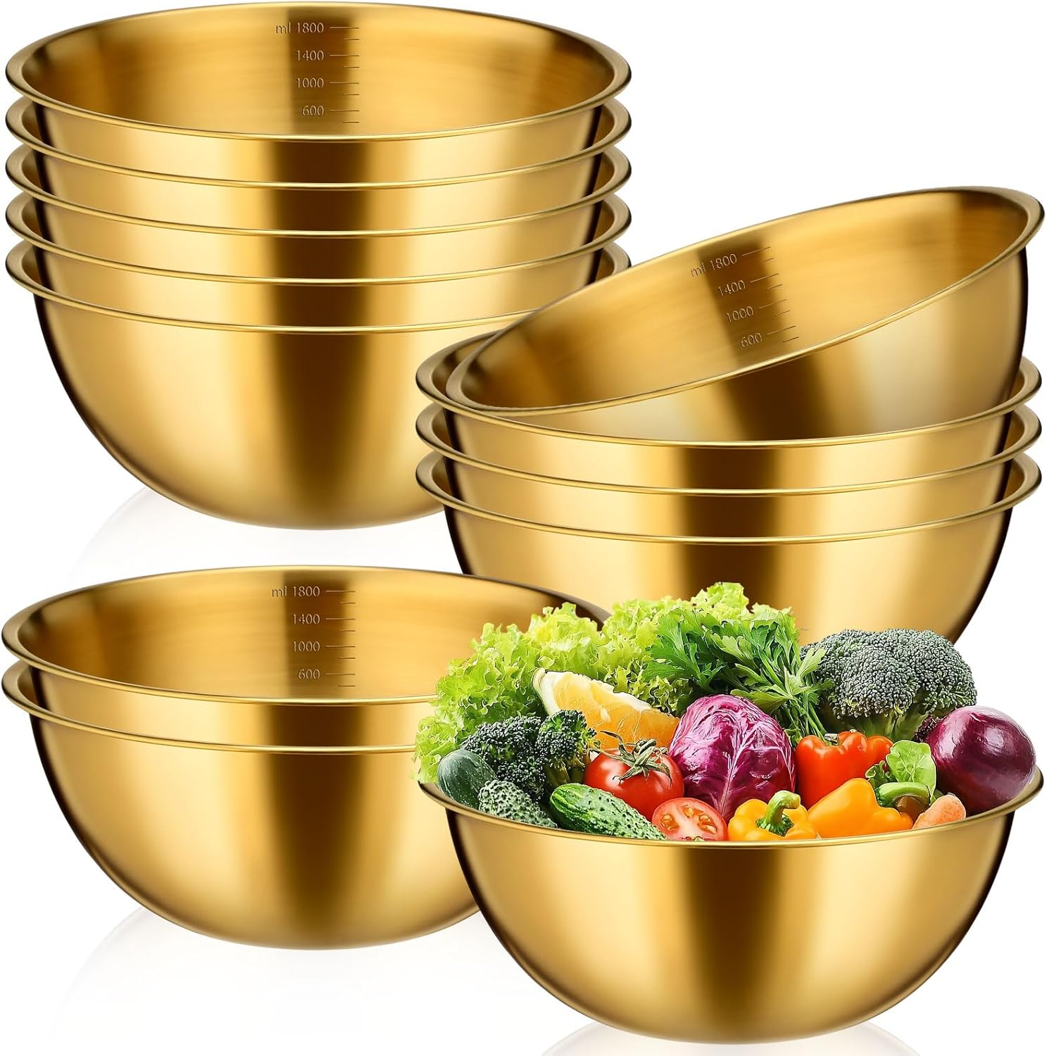 12 Pcs 7.5 Inch Gold Mixing Bowls with Graduations Bulk 47oz Stainless Steel Salad Bowls Mixing Serving Container Nesting Metal Baking Food Storage Container for Cooking, Making Salads, Soup