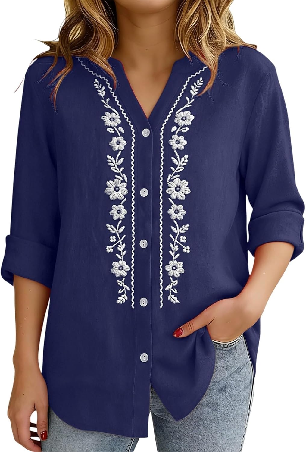 Linen Shirts for Women - Summer Plus Size Embroidered Tops 3/4 Sleeve V Neck Button Blouses Beach Vacation Clothes - Image 4