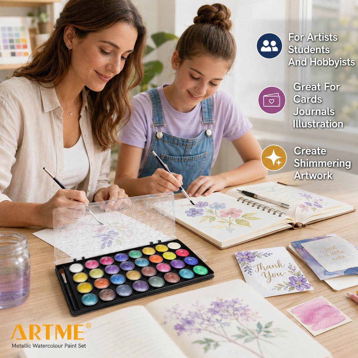 Artme Acuarelas/Paletas metálicas para pasteles de pintura de acuarela con un pincel de artista, 36 colores vibrantes