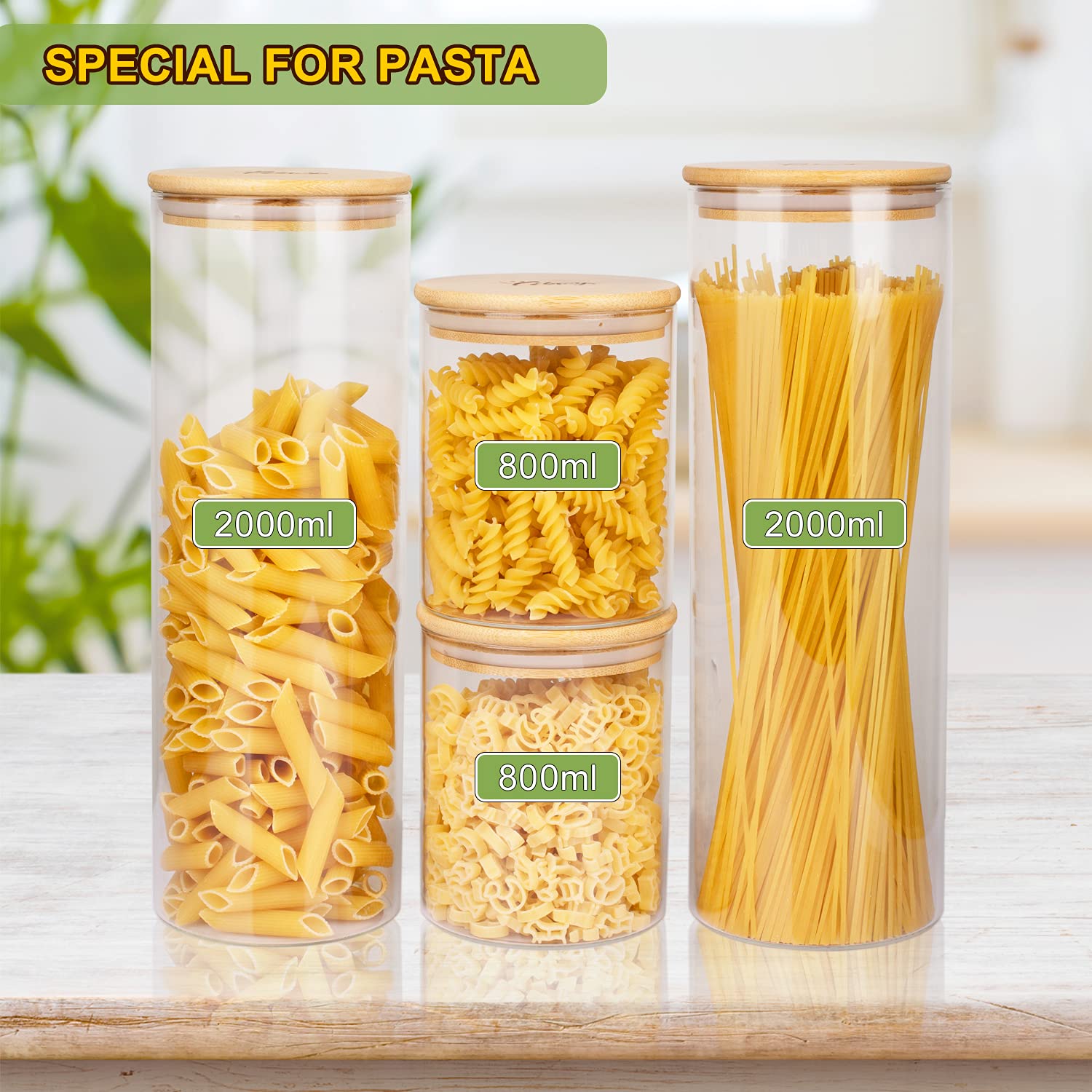 LIBWYS Spaghetti Glas mit Deckel 4er Set Pasta Vorratsgläser 5.6L in 2 Größen : 2000ml 800ml - Luftdicht Aufbewahrungsgläser Nudelglas