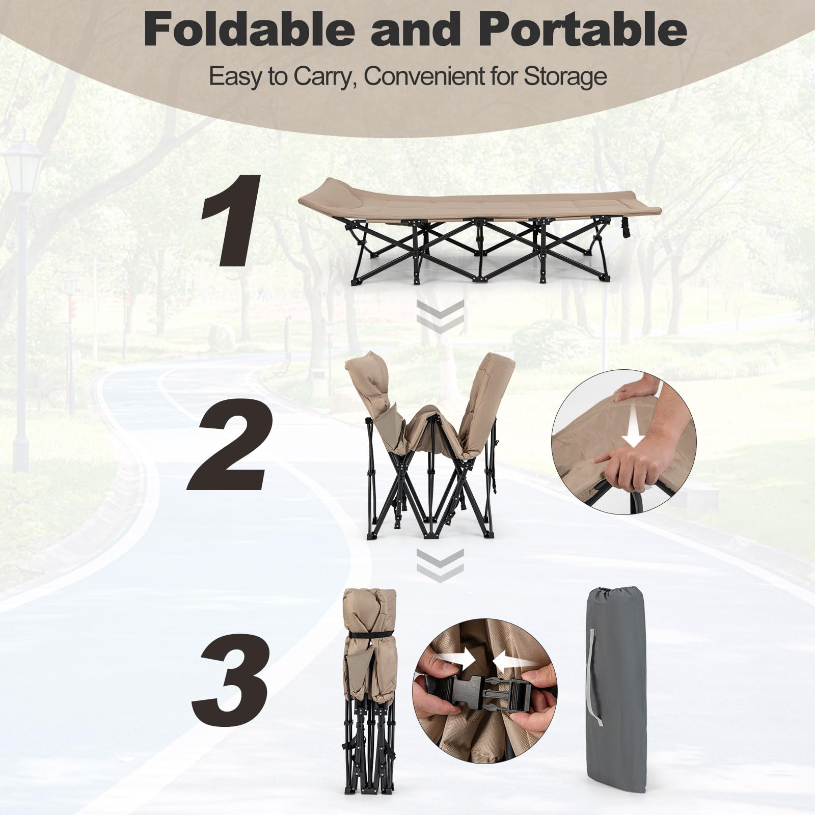 KOMFOTTEU Lit Camping Pliabe, Sac Transport, 190 x 68 x 48,5 cm, Kaki | Lit de Camp Cadre Métal, Tissu Oxford, Lit d’Extérieur pour 1 Personne XL, antidérapant, Capacité de Charge de 200 kg
