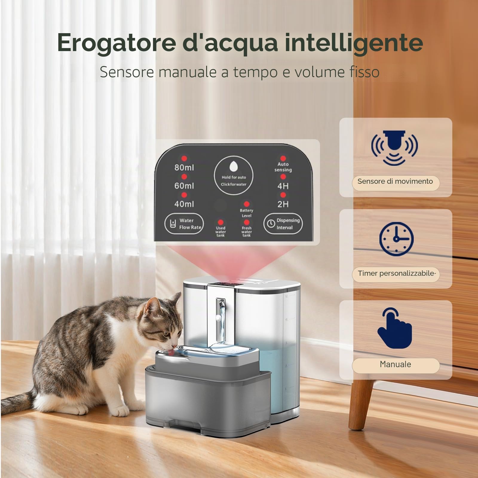 Marchul Fontana per gatti wireless da 5 litri senza filtri, con separazione dell'acqua di scarico, sensore di movimento e programmabile, vaschetta in acciaio inossidabile, alimentata a batterie