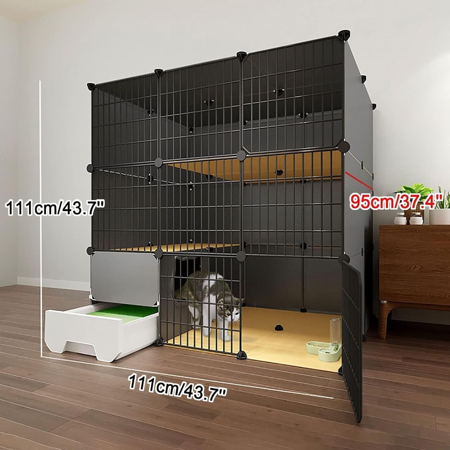 Indoor Cat Cage with Litter Box, Large 2/3 Tier Detachable Metal Cat Playpen for Small Animals, DIY Exercise Cage for 1-3 Cats, White(Black,111X95X111cm)