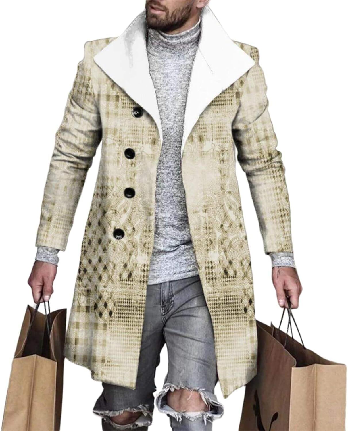 Men's Plaid Long Trench Coat Mid - Length Lapel Collar Button Down Warm Overcoat fo...