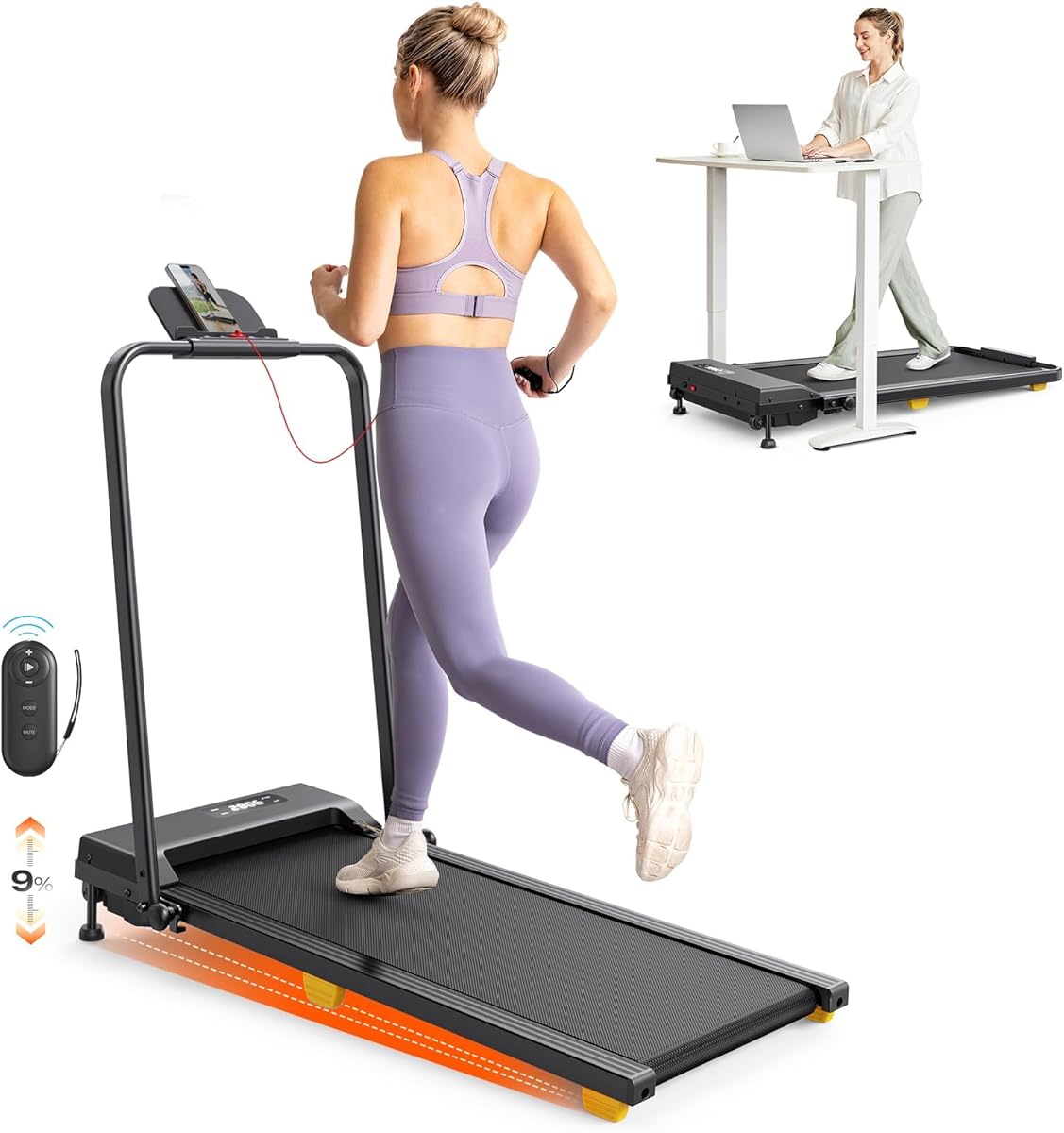 UREVO Treadmills for Home Foldable, Walking Pad with Incline 9%, Folding Treadmill with One-Touch HIIT Mode, Quiet Motor, Remote Control, LED Display, Quite Installation & Folding, 1-10 km/h