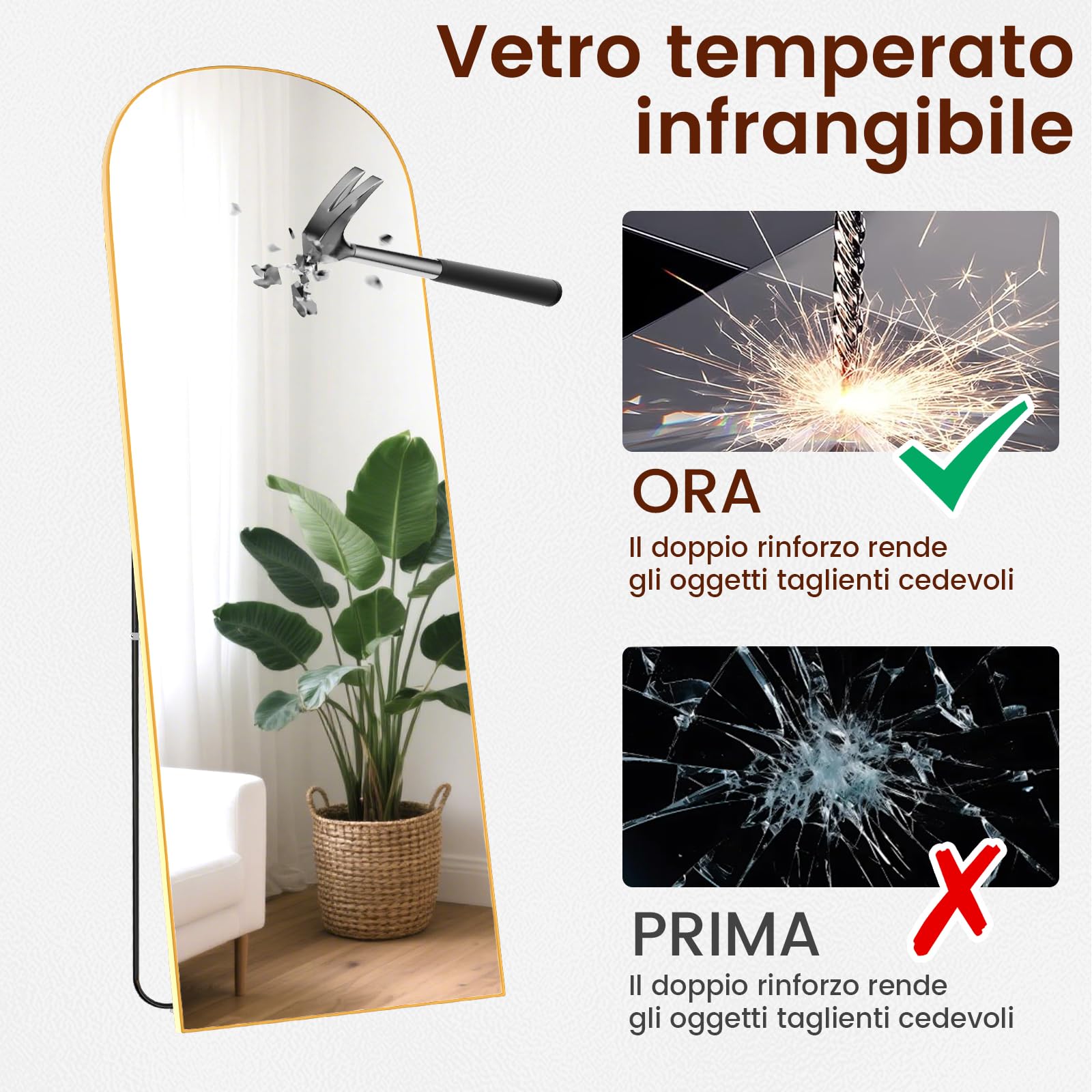 Specchio a Figura Intera, Specchio da Terra ad Arco con Cornice in Alluminio 162 x 52cm, Vetro Temperato, Specchi da Parete Lungo da Appendere o Appoggiato, per Camera da letto Ingresso, Oro