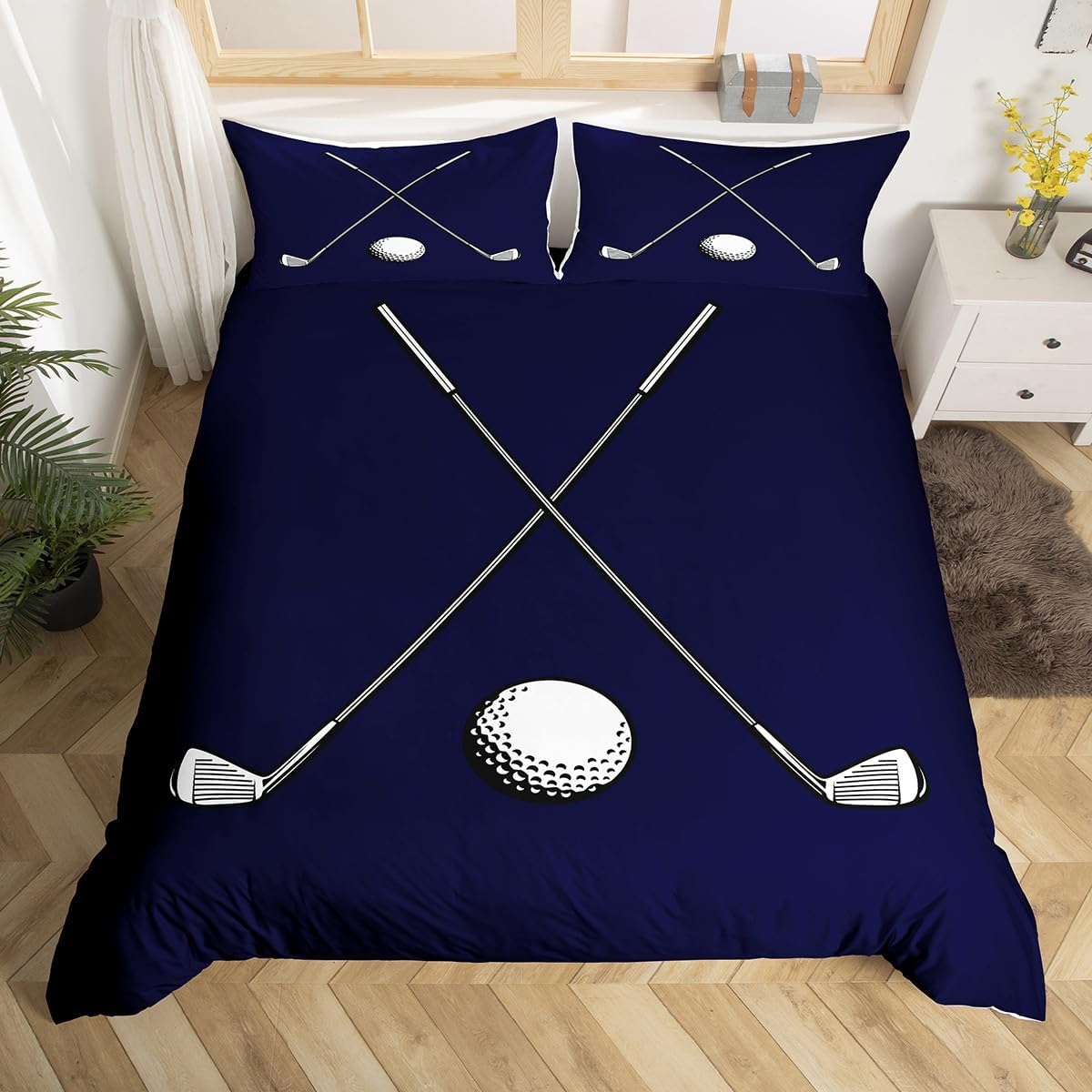 Golf Sports Duvet Cover Set Queen Size,Men Golf Player Bedding Set 3Pcs,Black White Golf Print Comforter Cover for Kids Teens Boys Girls Room Decor,Fashion Soft Reversible Quilt Cover,2 Pillowcases
