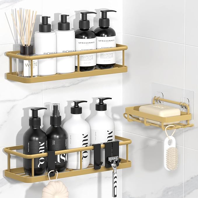 YASONIC Shower Caddy Adhesive, No Drill Bathroom Shower Organizers, with Removable Hooks and Soap Holder, Rust Proof Shower Shelves, Wall-Mounted Shower Holder, 3 Pack, Gold
