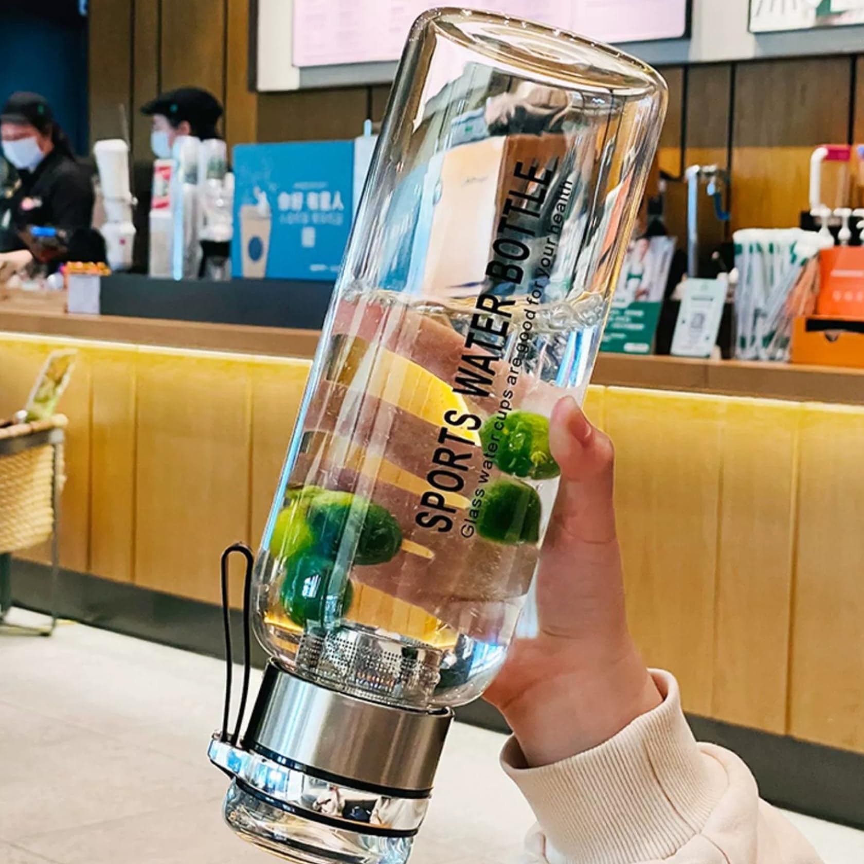 Bouteilles d'eau de 2 litres, bouteille d'eau en verre borosilicate, bouteilles de 2 litres incassables avec double couvercle et infuseur à thé, bouteille en verre avec sac transport pour salle