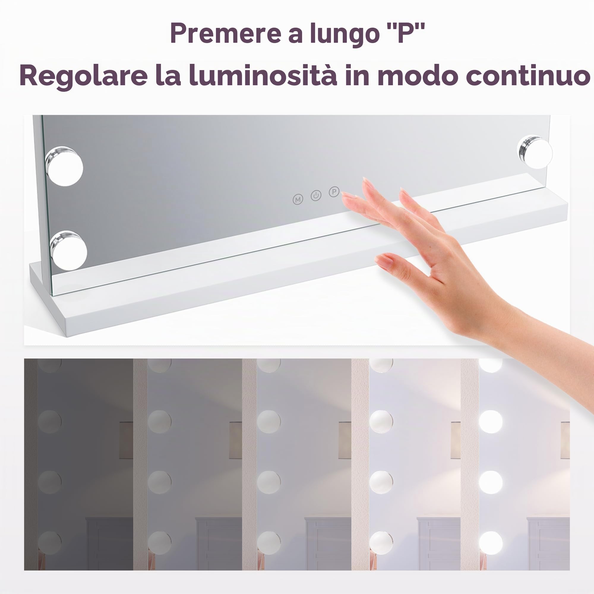SONNI, Hollywood - Specchio da trucco, 58 x 46 cm, con 3 temperature di colore, 15 lampadine a LED, specchio grande con controllo touch e funzione di memoria della luminosità