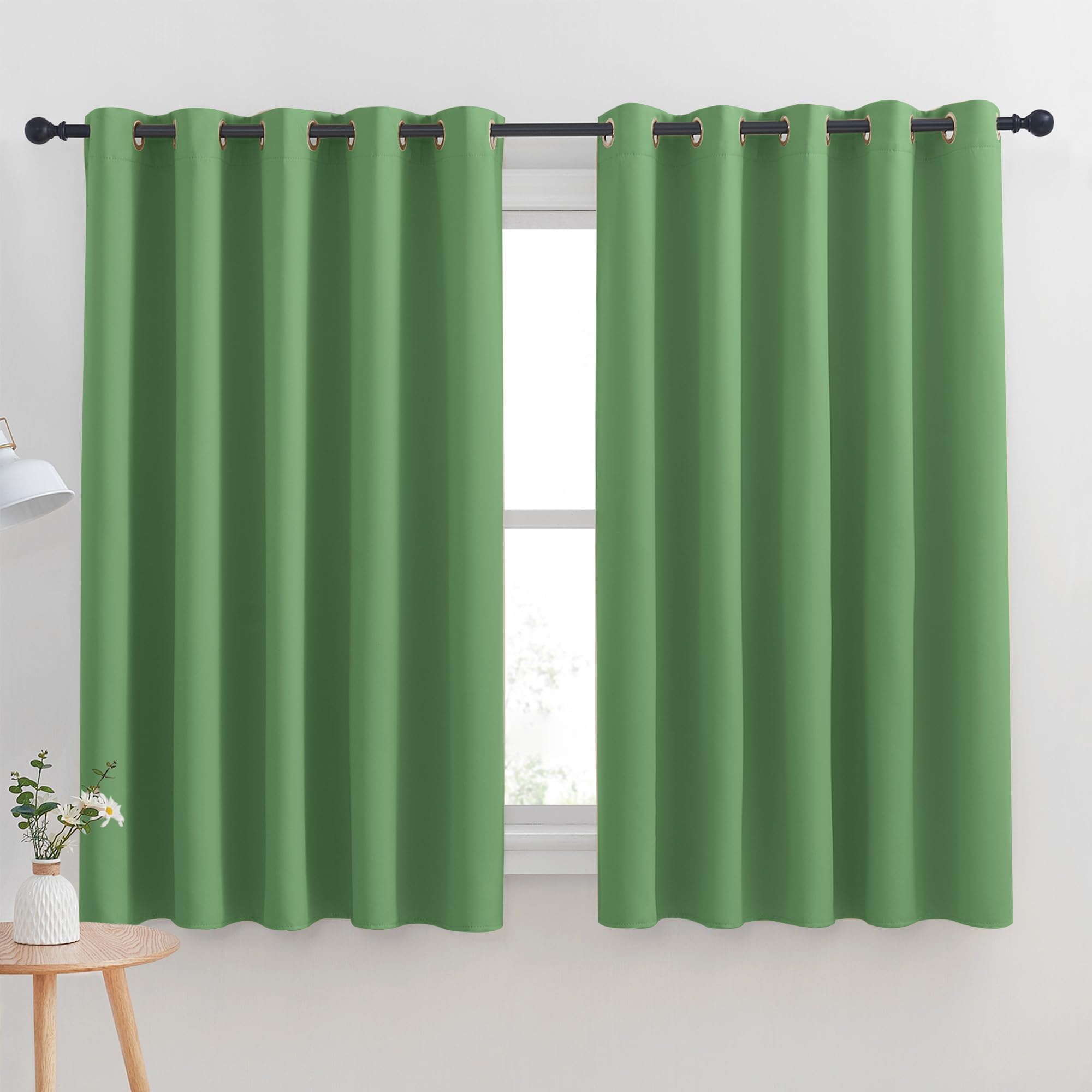 NICETOWN Blackout Curtain Panels for Bedroom, Forest Green, 2 Panels, W70 x L63-inch, Grey, Thermal Insulated Grommet Top Blackout Draperies and Drapes for Basement