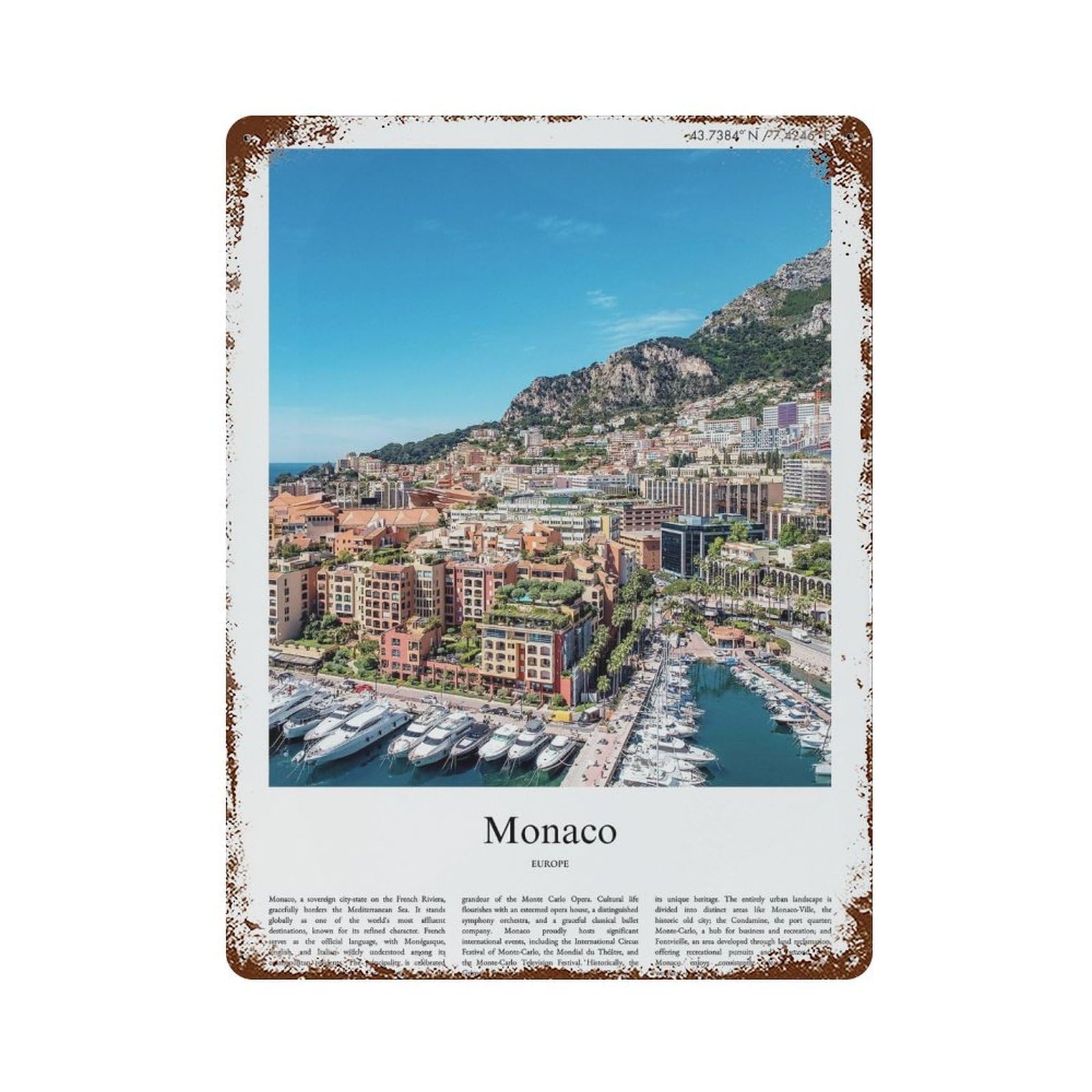 xiaoxiaoshen Monaco City Scenery Wall Decor Art Metal Tin Poster Modern Home Decor Art Home Bar Shop Decorations Vintage Sign 40x30cm