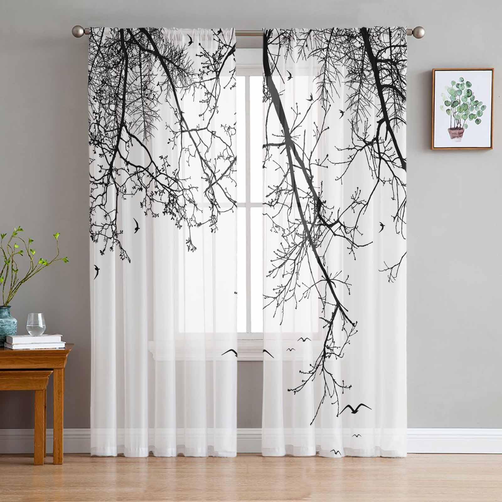 EZON-CH Sheer Curtains 2 Panels Set, Black Branches Birds Animals Plants Pattern Rod Pocket Voile Fimly Drapes, Window Curtain Voile Draperies for Kitchen Bedroom Living Room Yard 52" Wx84 L