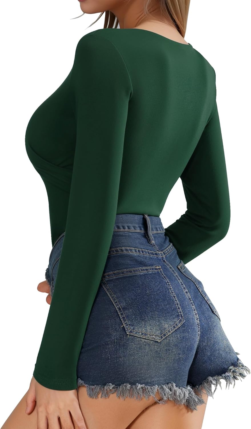 MANGOPOP Women's Cross Wrap Ruched Plunge Neck Deep V Long Sleeve Short Sleeve Bodysuits - Image 3