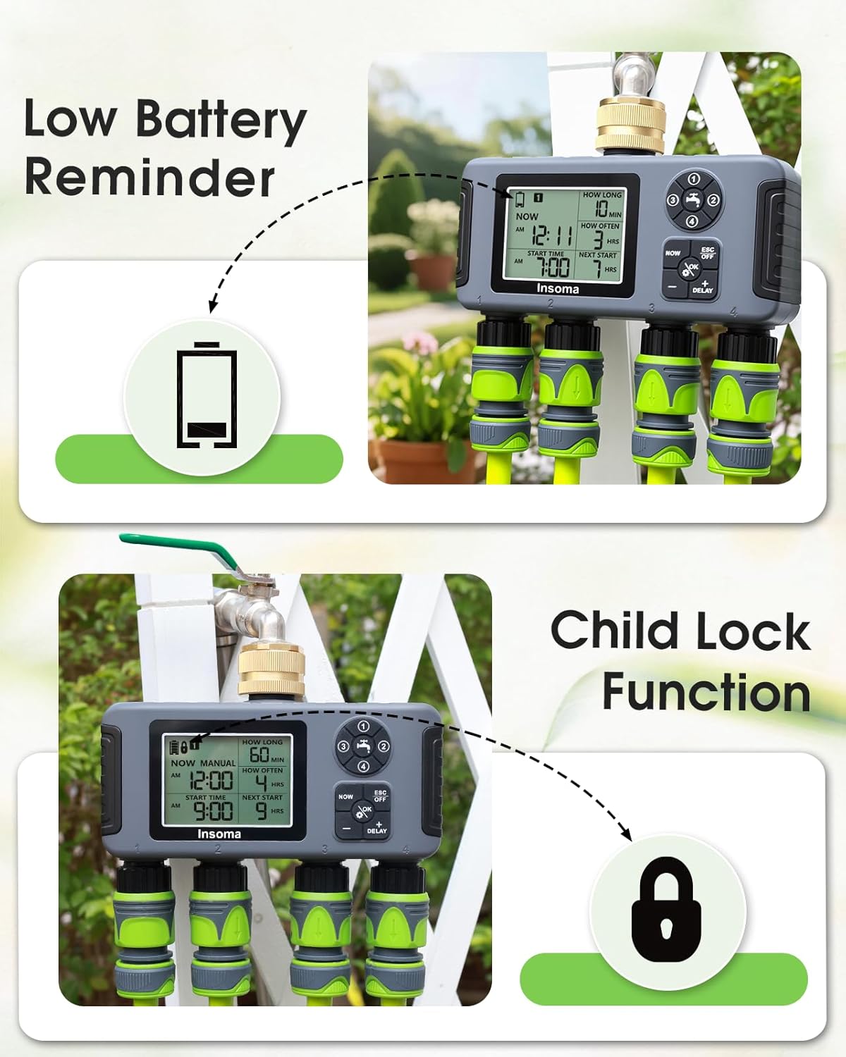 Insoma 4-Zone Water Timer with Brass Inlet, Automatic Garden Hose Timer with Manual/Rain Delay & Large Display, IPX5 Waterproof Faucet Timers for Sprinkler System, Yard, Lawn, Greenhouse