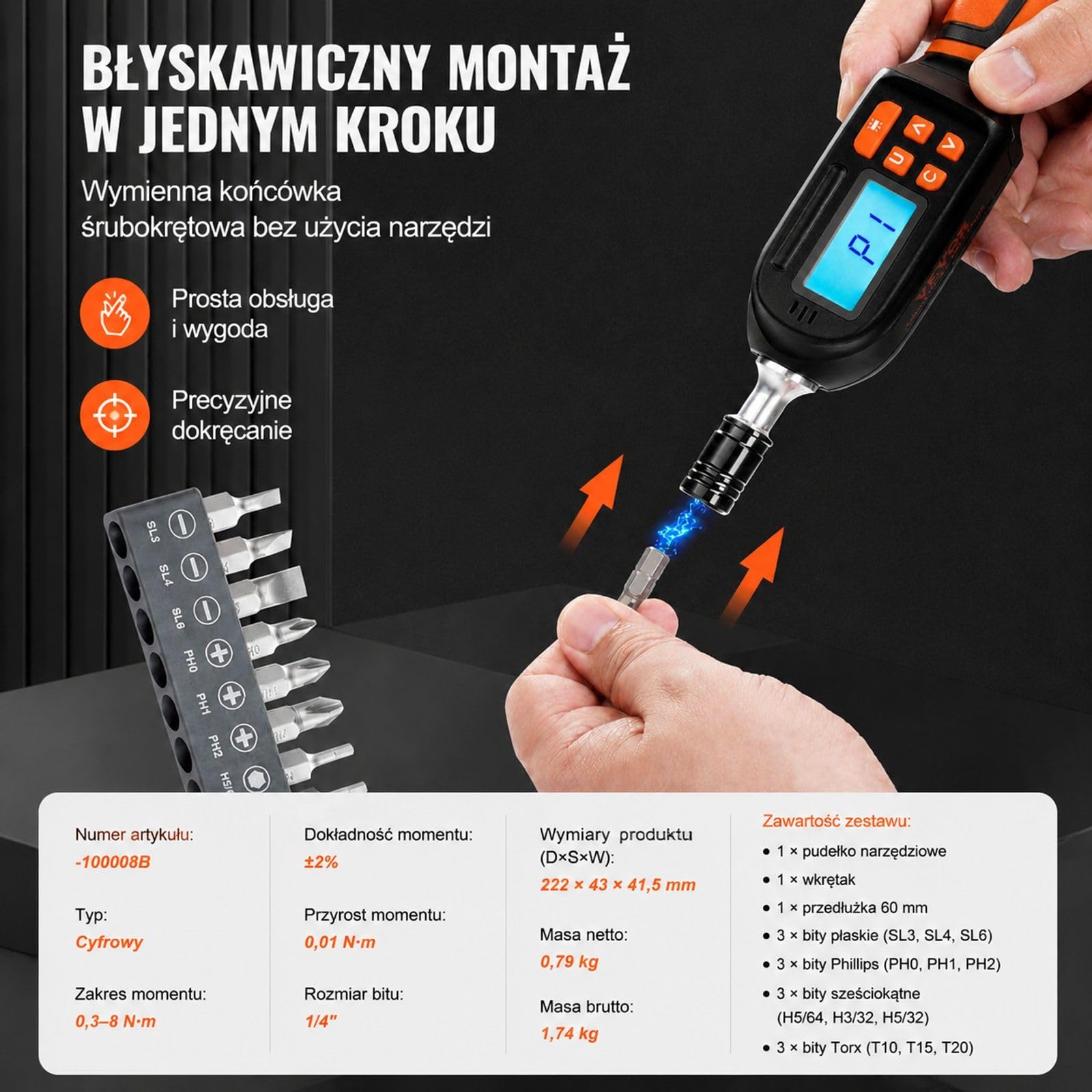 Zestaw cyfrowego wkrętaka dynamometrycznego, napęd 1/4 cala, zakres 0,3-8 Nm, ekran LCD, pręt przedłużający, szybkie zwalnianie i bity do montażu