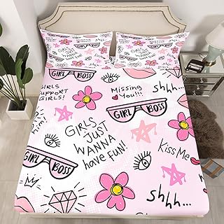 Erosebridal Fashion Girl Bed Sheets Girly Sunglasses Lipstick Diamond Pink Bed Set Floral Stars Ring Crown Pattern Decorative Fitted Sheet Makeup Sheets with 1 Pillowcase(Pink, Twin)