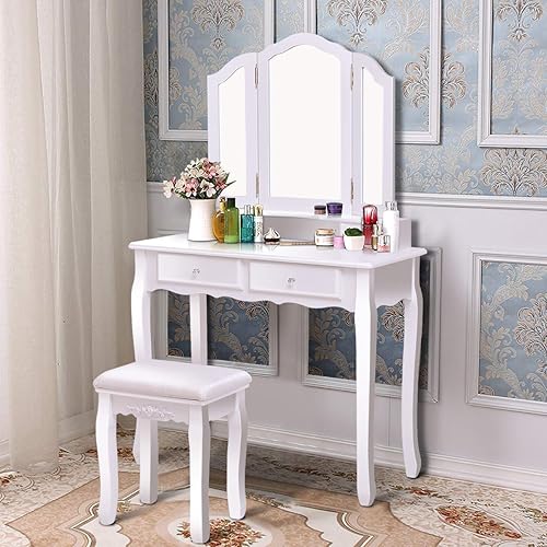 Miniatura 2 de Casart Tri - Juego de taburete plegable para baño con espejo plegable con 4 cajones, Blanco