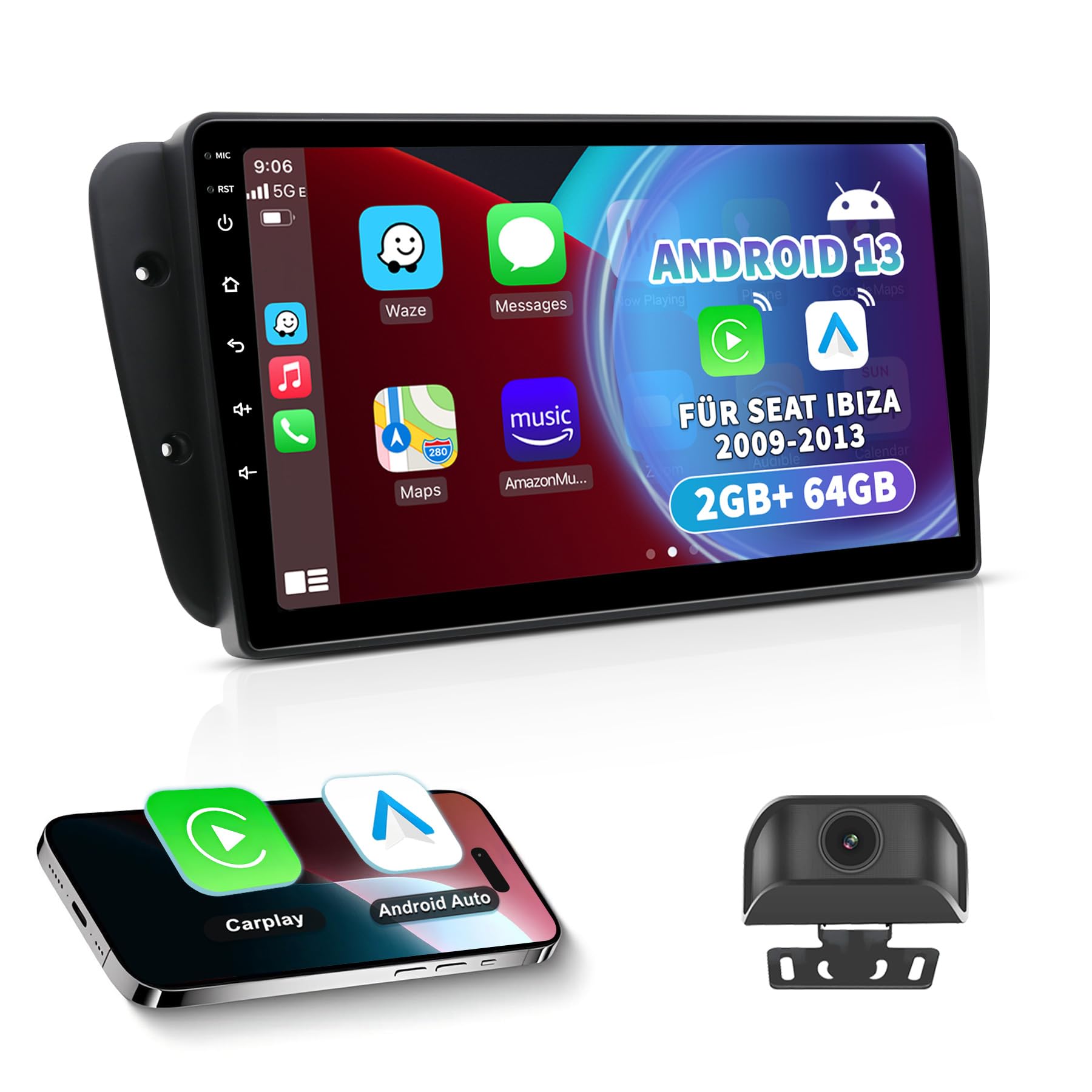 Radio Coche Bluetooth para Seat Ibiza 6J 2009-2013 con CarPlay/Android Auto | Cámara Trasera, GPS, FM, Wi-Fi, Mandos Volante, Control por Voz, 2GB + 64GB Android Autoradio Pantalla táctil de 9 Pulgadas