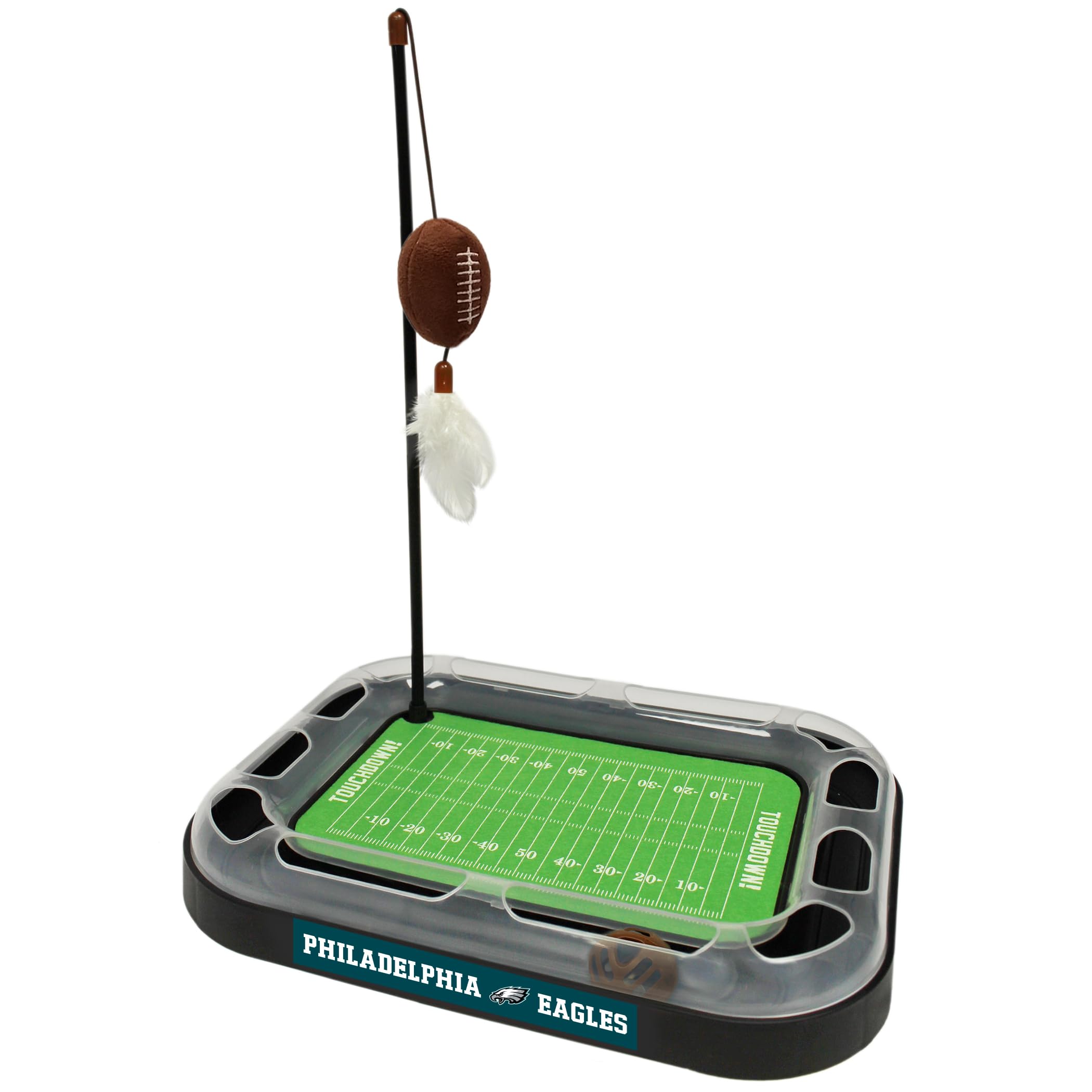 NFL - Juguete para gatos con hierba gatera, juguete de fútbol americano de peluche y plumas colgantes con campana interactiva, juguete 6 en 1, Philadelphia Eagles