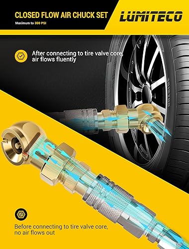 Miniatura 3 de LUMITECO Juego de 2 mandriles de aire con pie de bola, boquilla de inflado de neumáticos de flujo cerrado FNPT de 14 pulgadas con portabrocas de