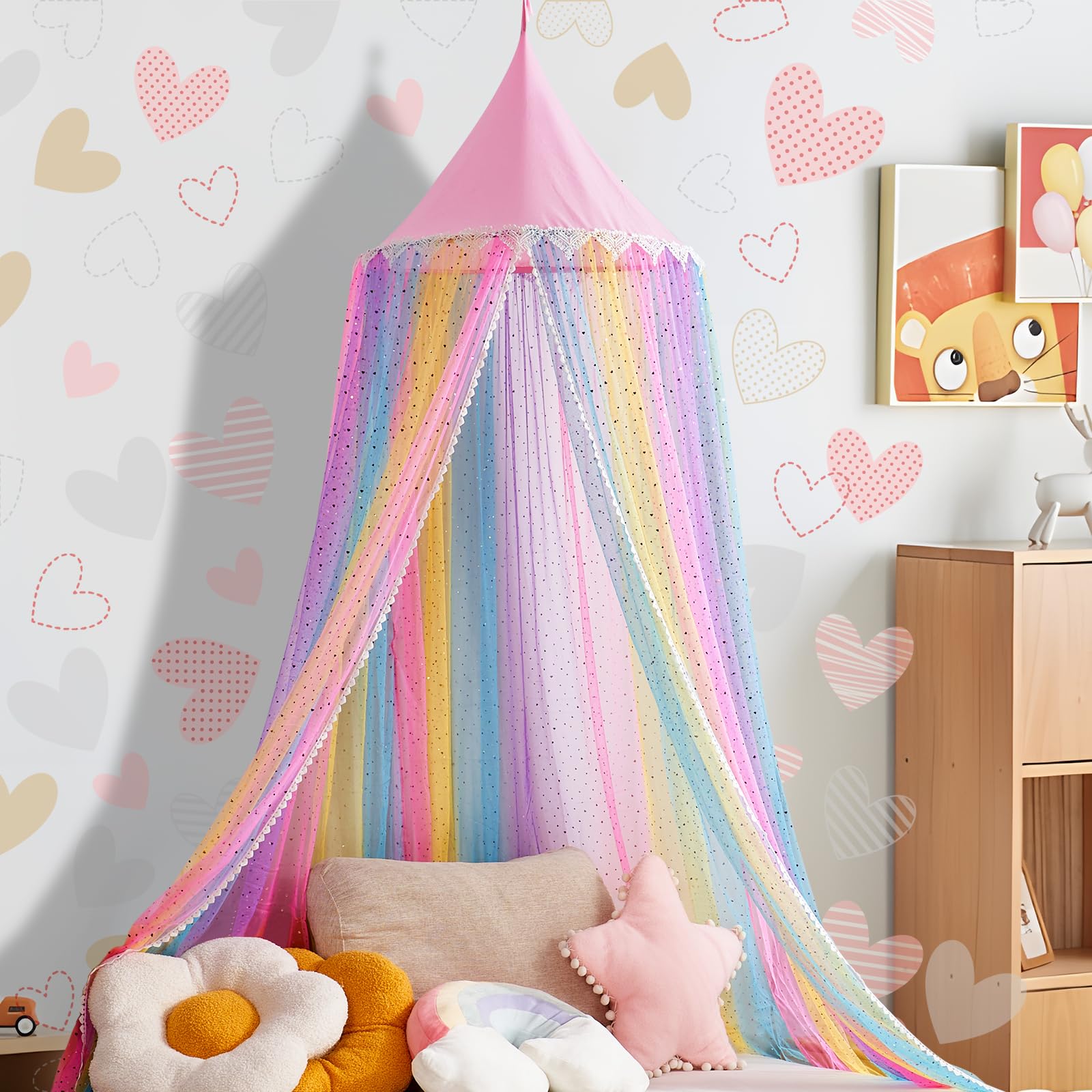 WEEKAN Rainbow Canopy for Girls Room, Princess Bed Canopy for Kids and Toddler, Crib Canopy for Baby, Round Dome & Sequin Netting