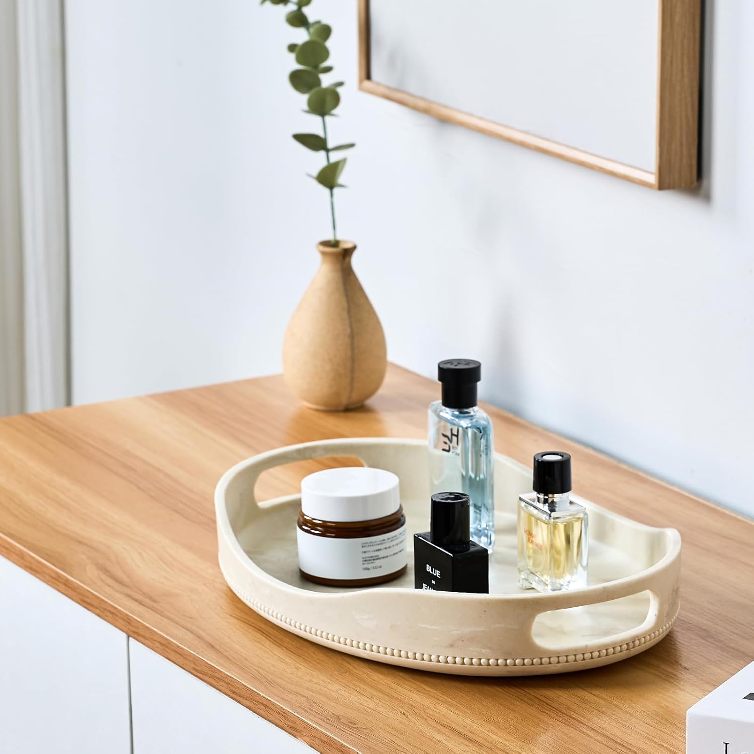 Beige Travertine Marble Serving Tray with Handles - 14x10 inches, Beaded Oval Decorative Tray, Countertop Ottoman Tray for Vanity, Living Room Entryway Table, Perfume Candle Display Marble Beige