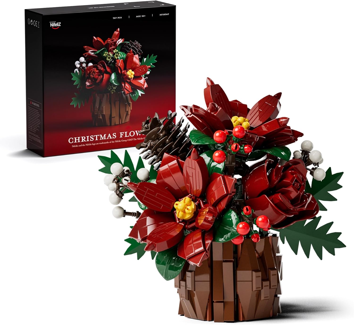 Nifeliz Poinsettia Flowers Building Set, Artificial Poinsettia Floral Arrangement for Adults, Tabletop Flower Decor for Home or Desk Display (767 PCS, NF10347)