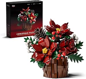 Nifeliz Christmas Flowers Building Set, Artificial Holiday Tabletop Poinsettia Decor for Adults, Indoor Desk and Home Display Gift for Floral Fans (767 PCS, NF10347)