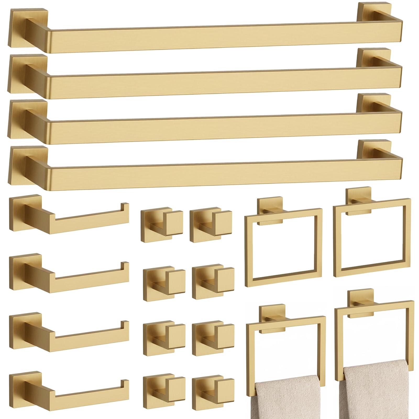 20-Piece Brushed Gold Bathroom Accessories Set – 23.6" Towel Bar, Towel Ring, Toilet Paper Holder & Hooks, Wall Mounted Bathroom Hardware, Rust & Corrosion-Resistant, Ideal for Modern Bathrooms