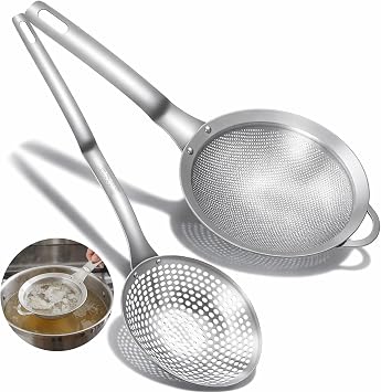 Kifmurase 2PCS Spider Strainer Skimmer Spoon Set Fine Mesh Stainless Steel Sieve Skimmer Ladle Colander with Handle, Large Hole Slotted Colander Frying Spoons for Kitchen Cooking Filter Food Residues