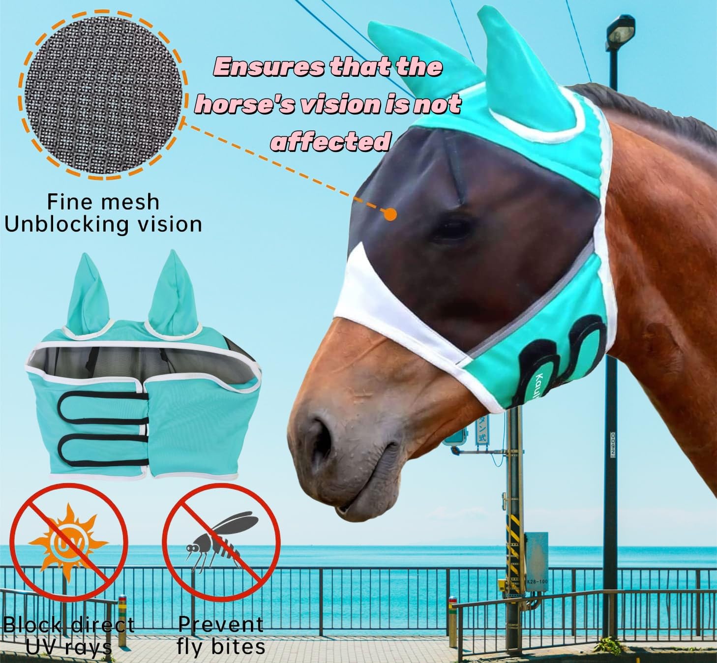 Masque Anti-mouches élastique Pour Cheval – Protection UV (filtre 60%) Avec Oreilles Et Naseaux – Sangles Velcro Ajustables