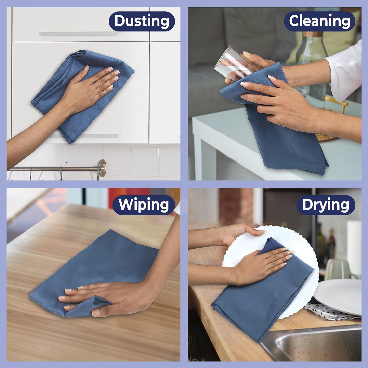 urban villa kitchen towels 100% cotton dish towels for kitchen(set of 6) 20”x30” dish cloths highly absorbent kitchen linen set with hanging loop perfect for drying dishes cleaning hand towels - blue indigo blue 6 pack